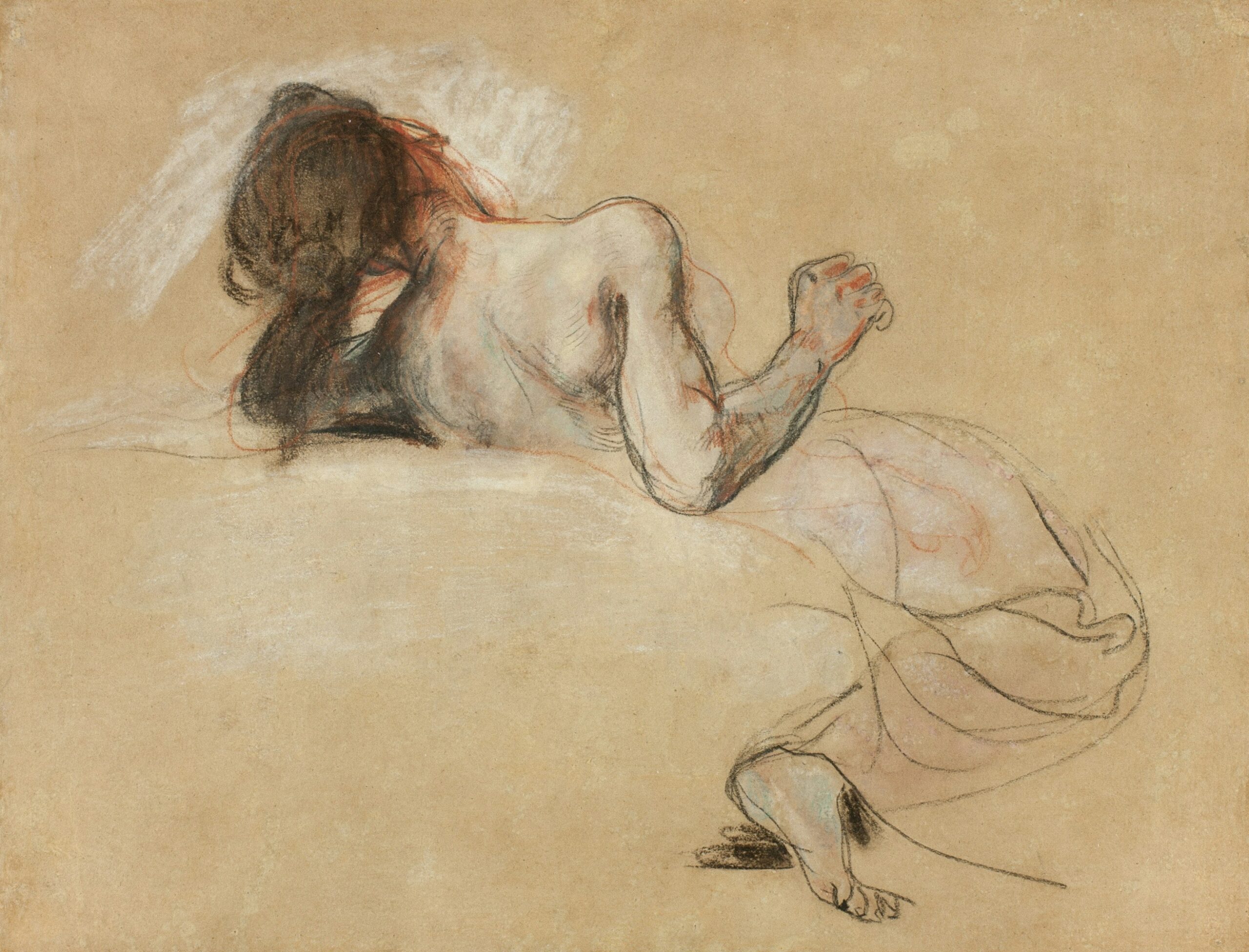a drawing of a woman laying on a bed