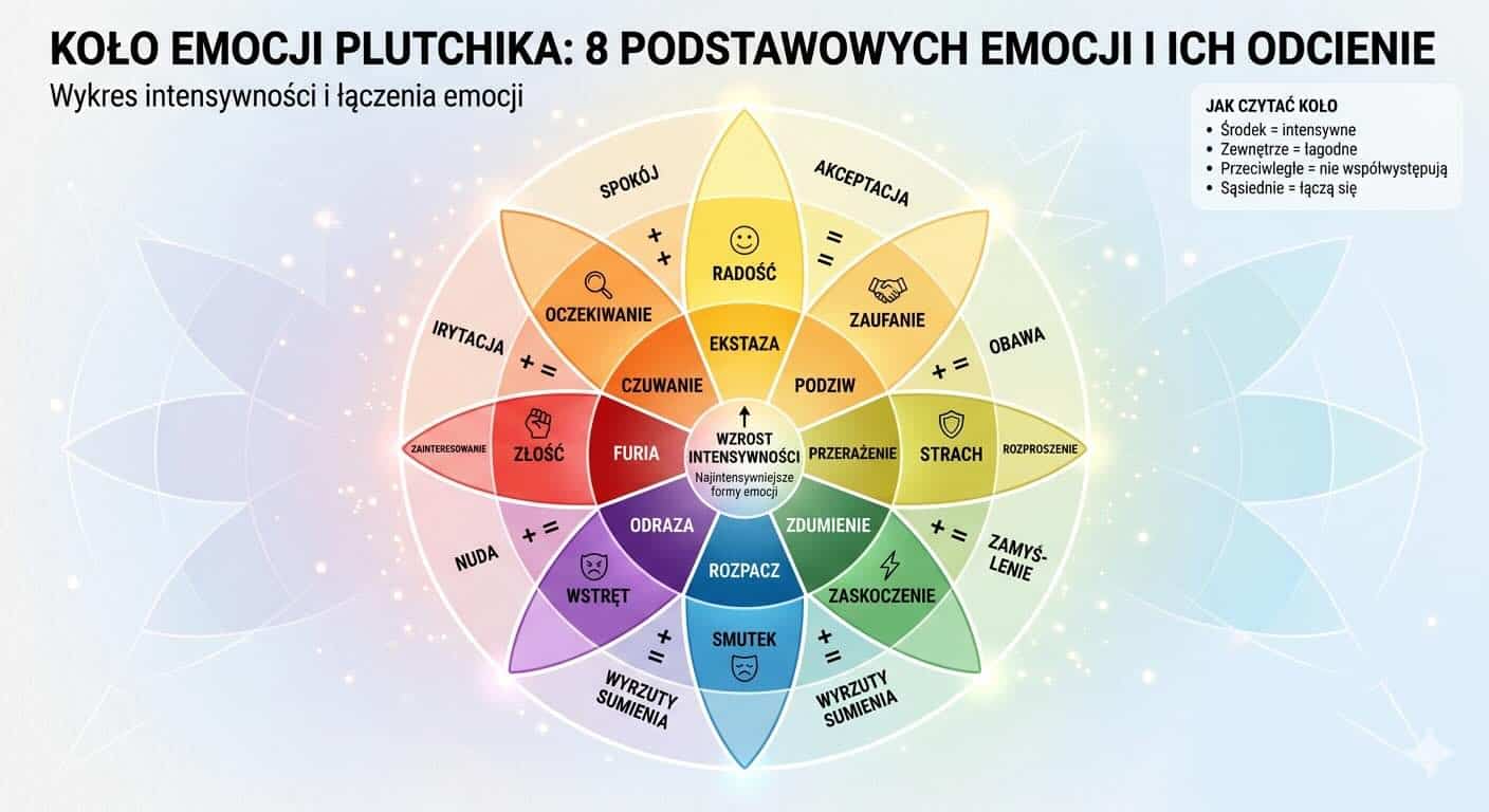 Koło emocji Plutchika - 8 emocji podstawowych z odcieniami intensywności